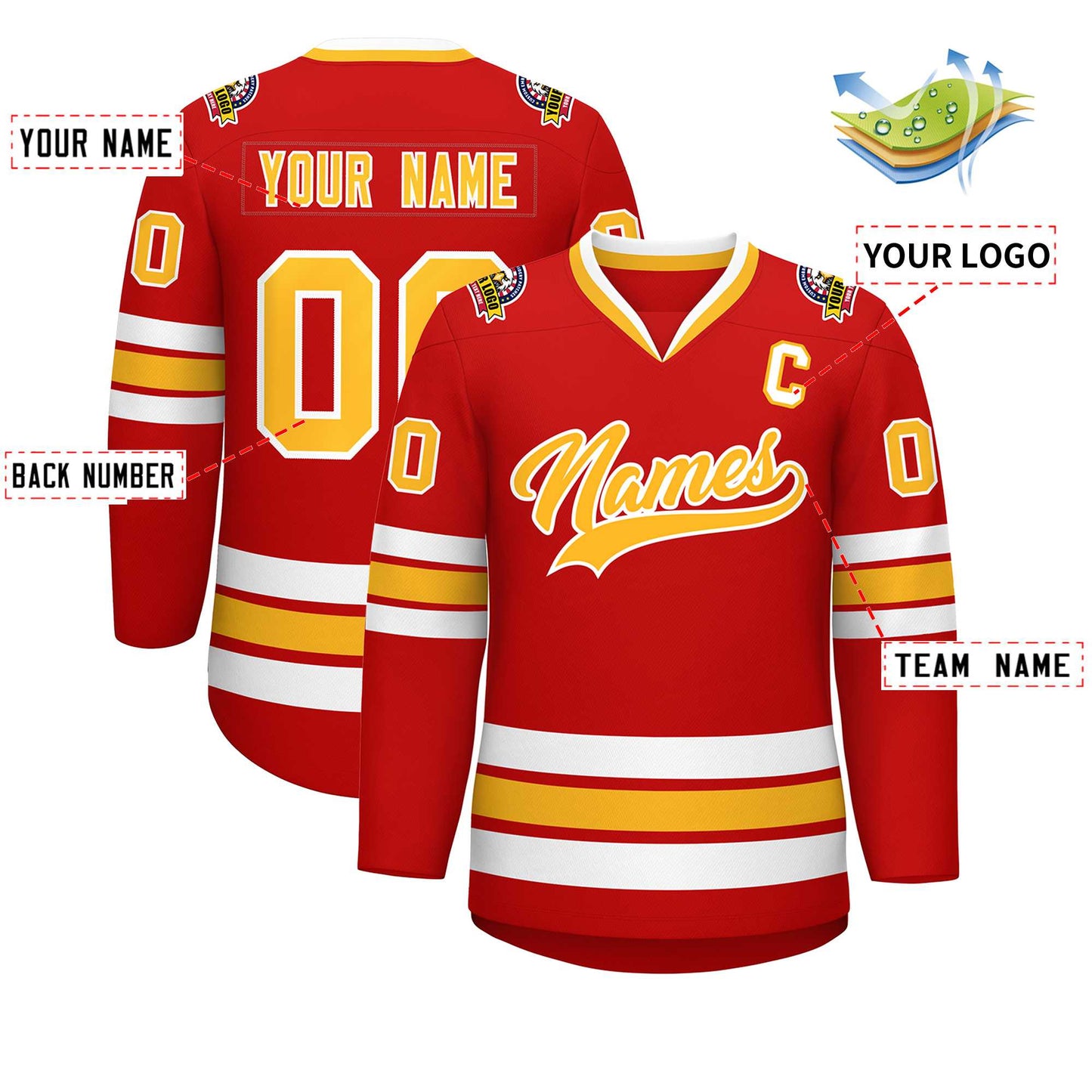 Custom Red Gold-White Classic Style Hockey Jersey Limited