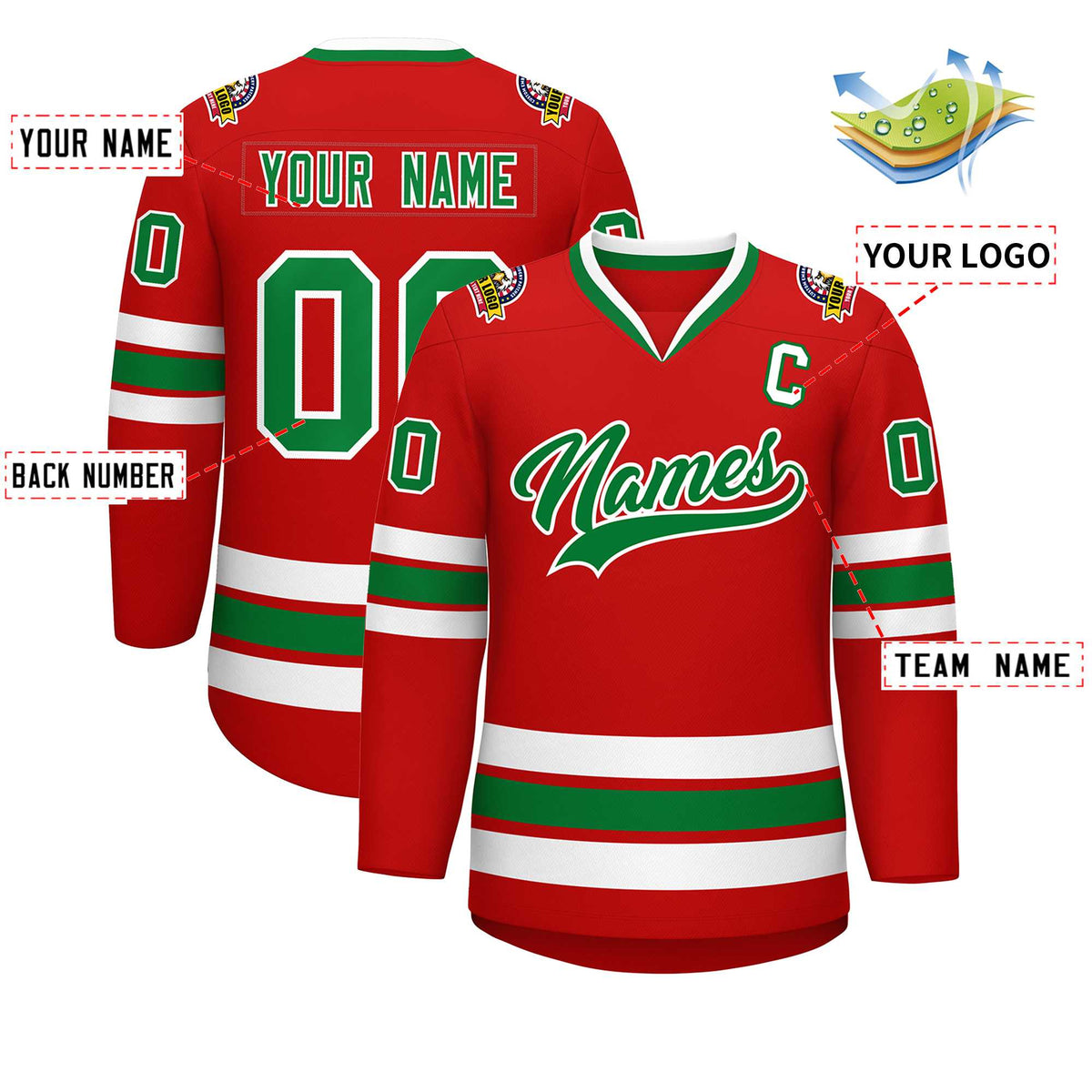 Custom Red Kelly Green-White Classic Style Hockey Jersey Limited