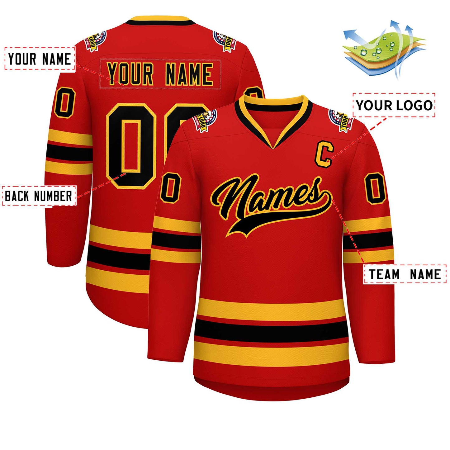Custom Red Black-Gold Classic Style Hockey Jersey Limited