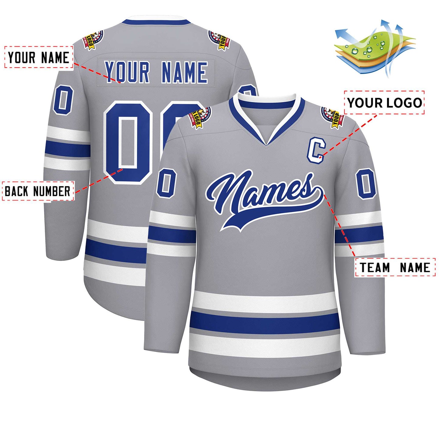 Custom Gray Royal-White Classic Style Hockey Jersey Limited