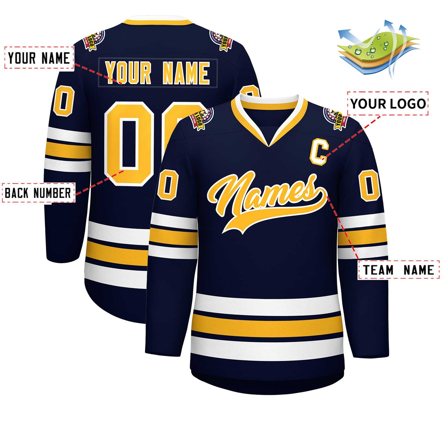 Custom Navy Gold-White Classic Style Hockey Jersey Limited
