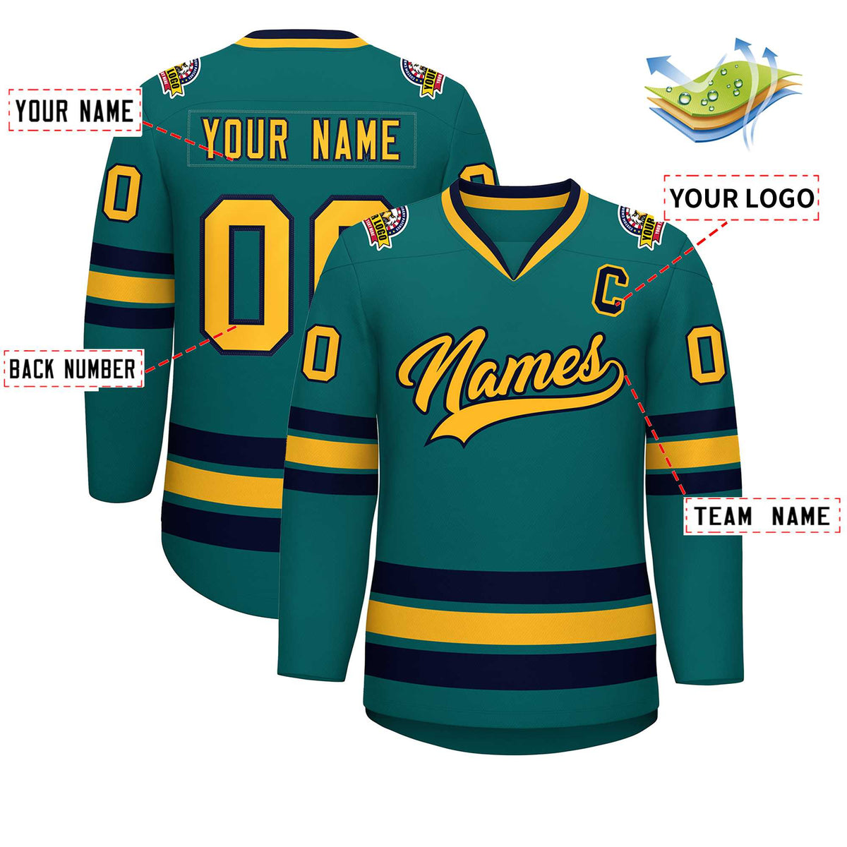 Custom Teal Gold-Navy Classic Style Hockey Jersey Limited