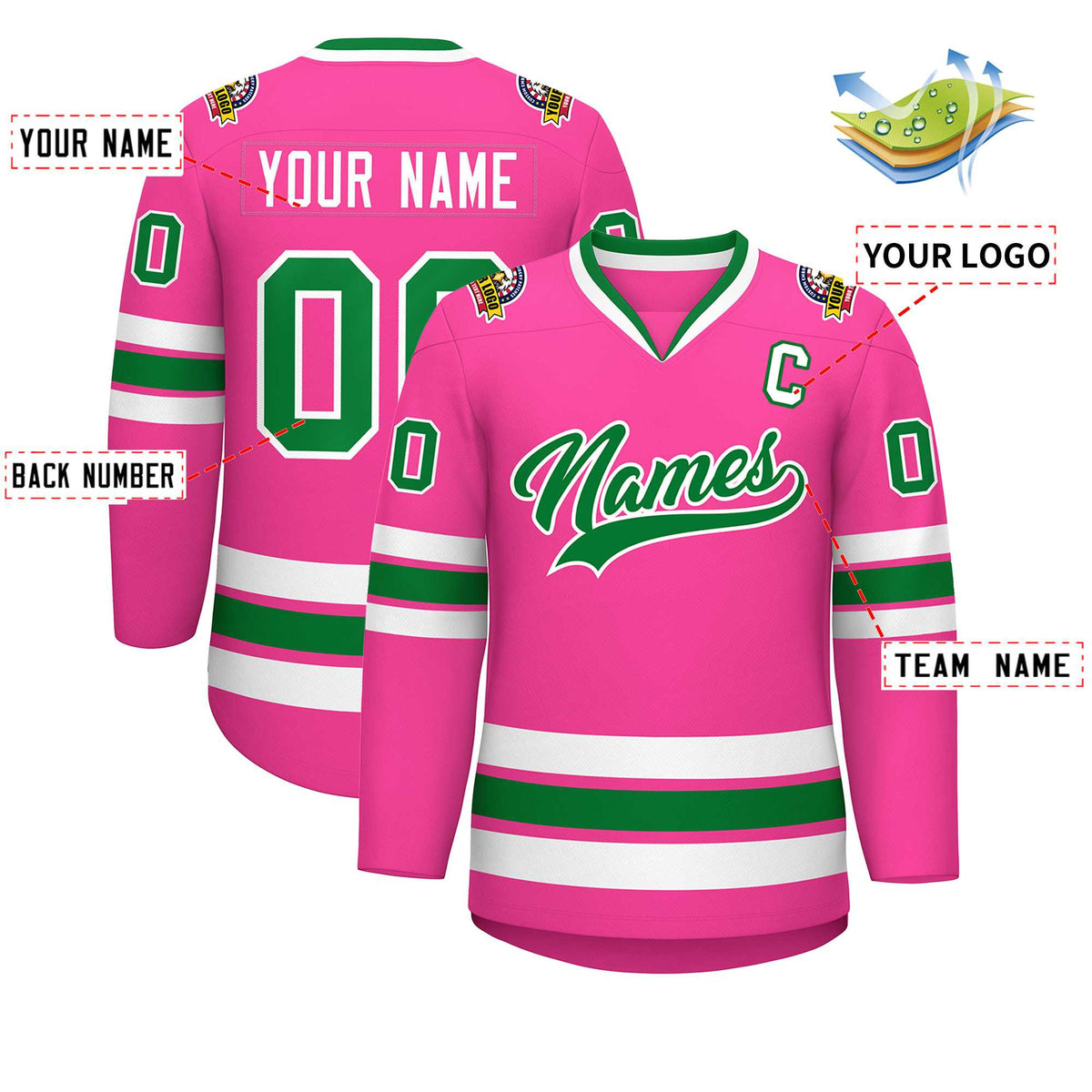 Custom Pink Kelly Green-White Classic Style Hockey Jersey Limited