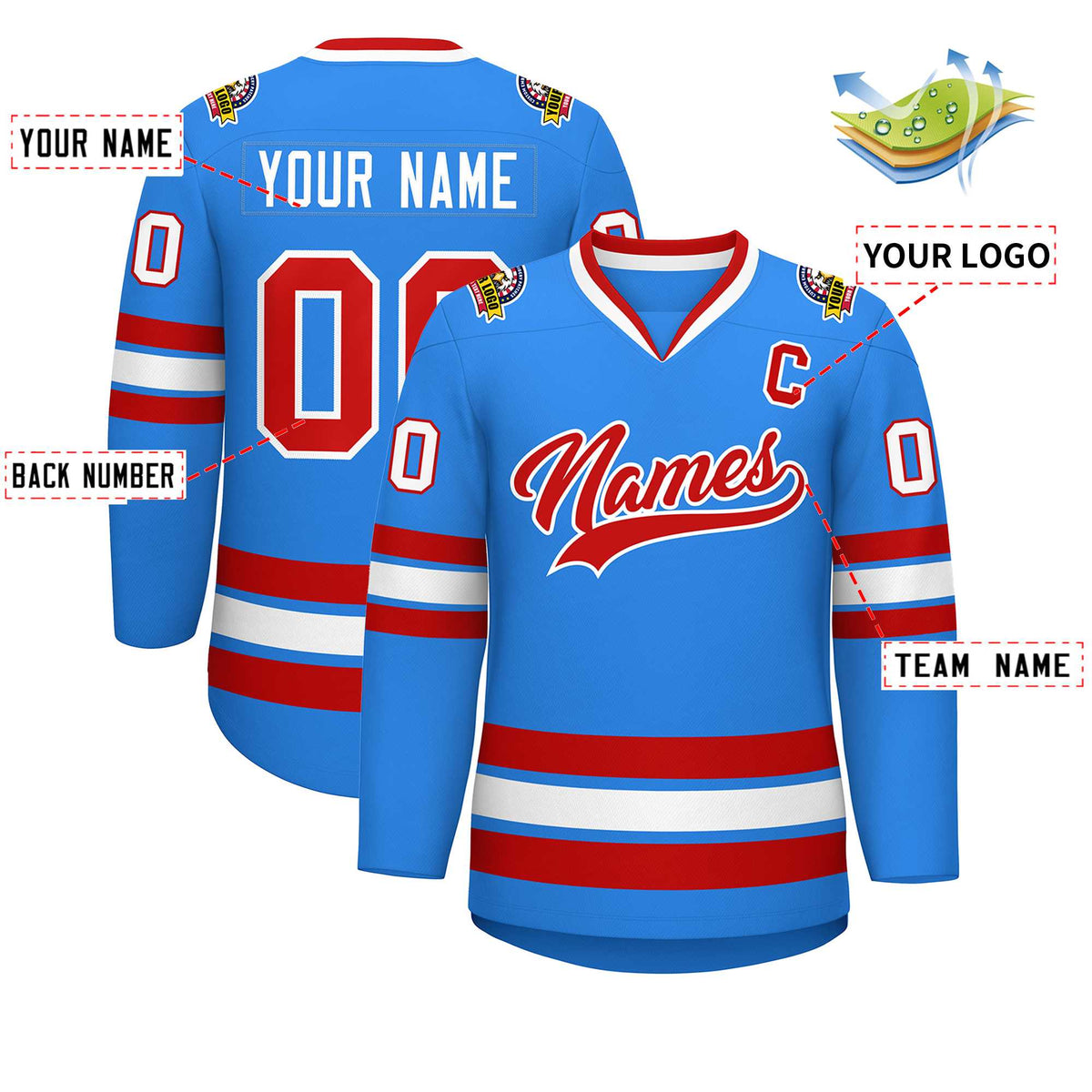 Custom Powder Blue Red-White Classic Style Hockey Jersey Limited
