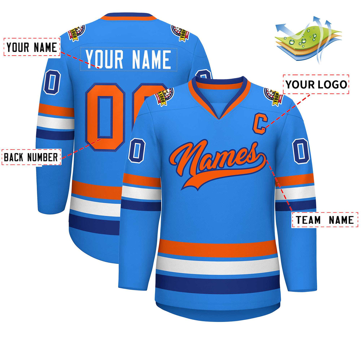 Custom Powder Blue Orange-Royal Classic Style Hockey Jersey Limited