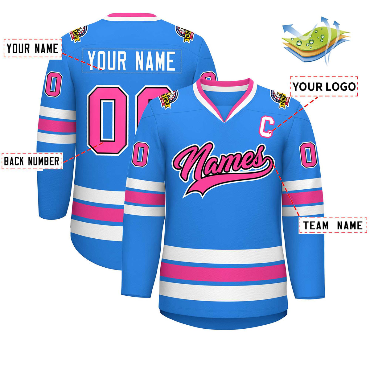Custom Powder Blue Pink Black-White Classic Style Hockey Jersey Limited