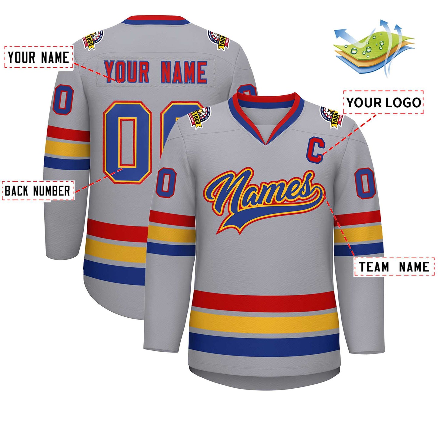 Custom Gray Royal Gold-Red Classic Style Hockey Jersey Limited