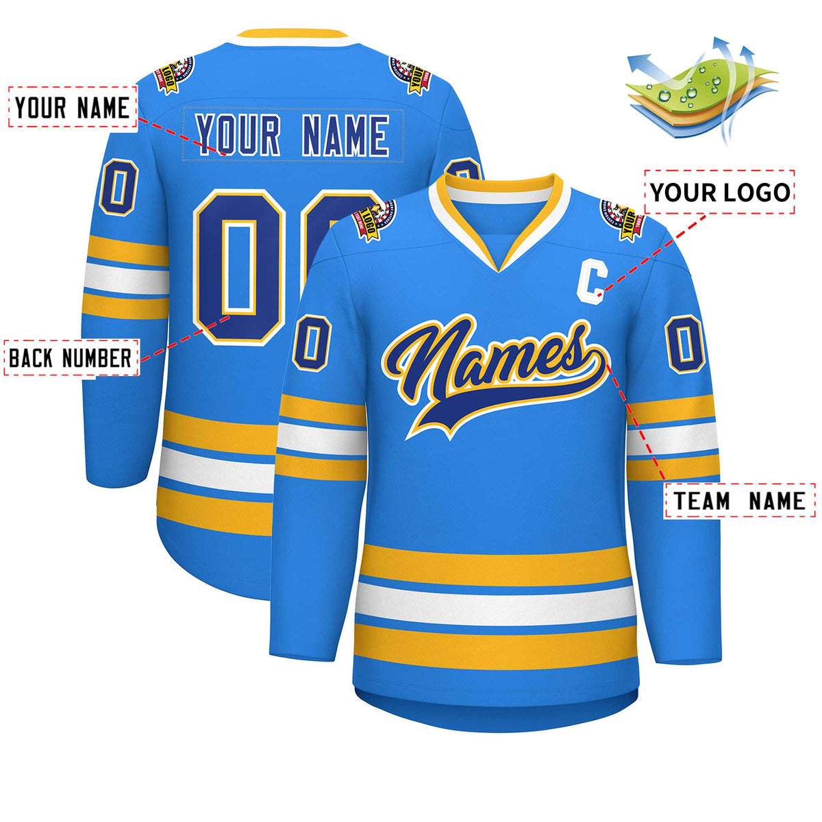Custom Powder Blue Royal Gold-White Classic Style Hockey Jersey Limited