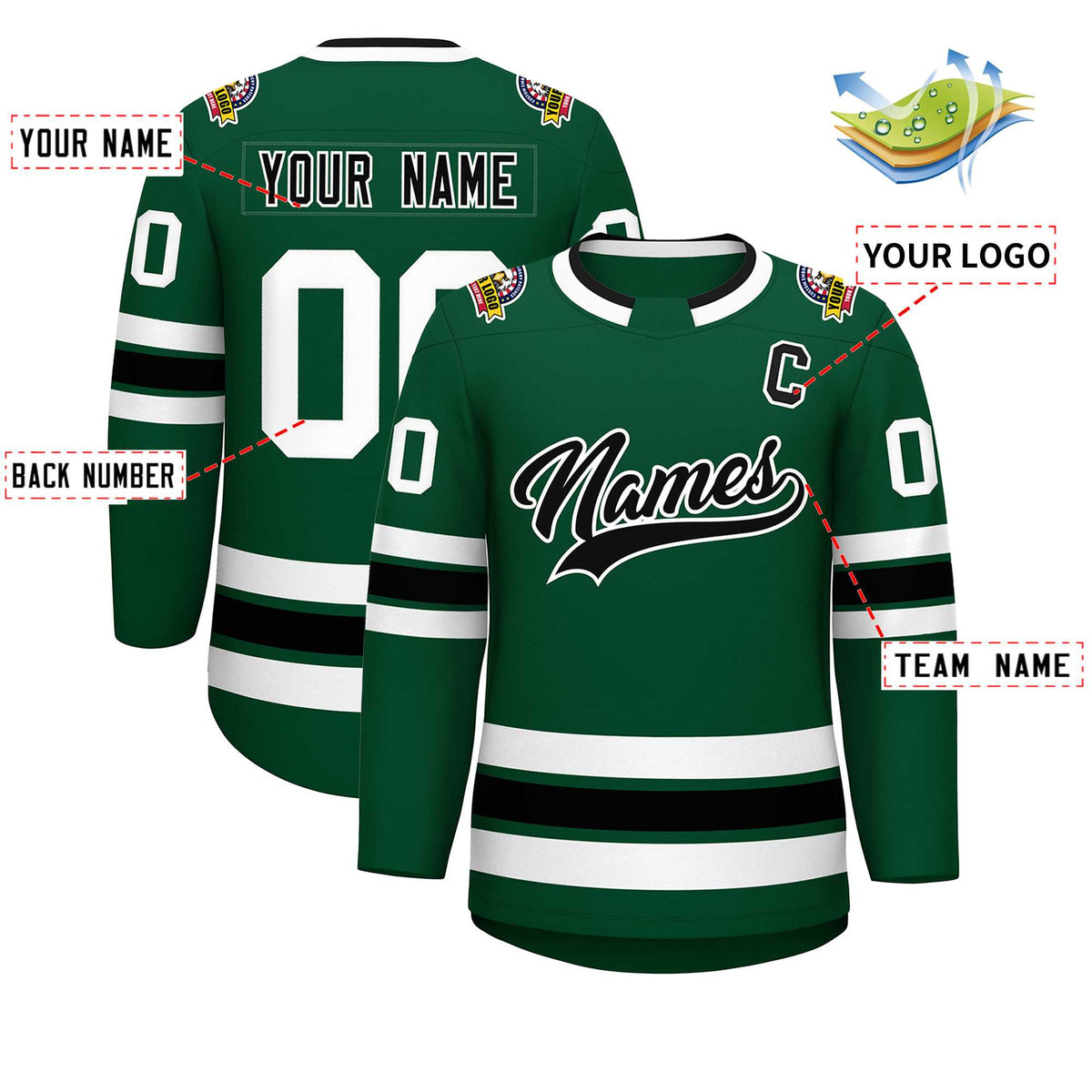 Custom Green Black-White Classic Style Hockey Jersey Limited