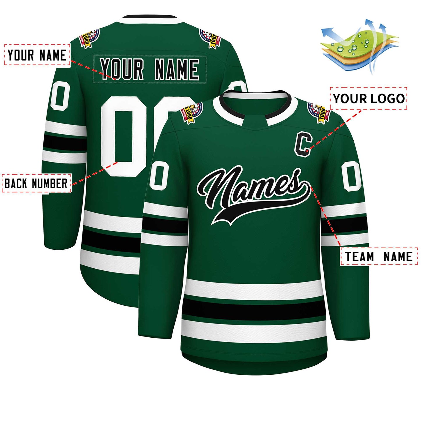 Custom Green Black-White Classic Style Hockey Jersey Limited