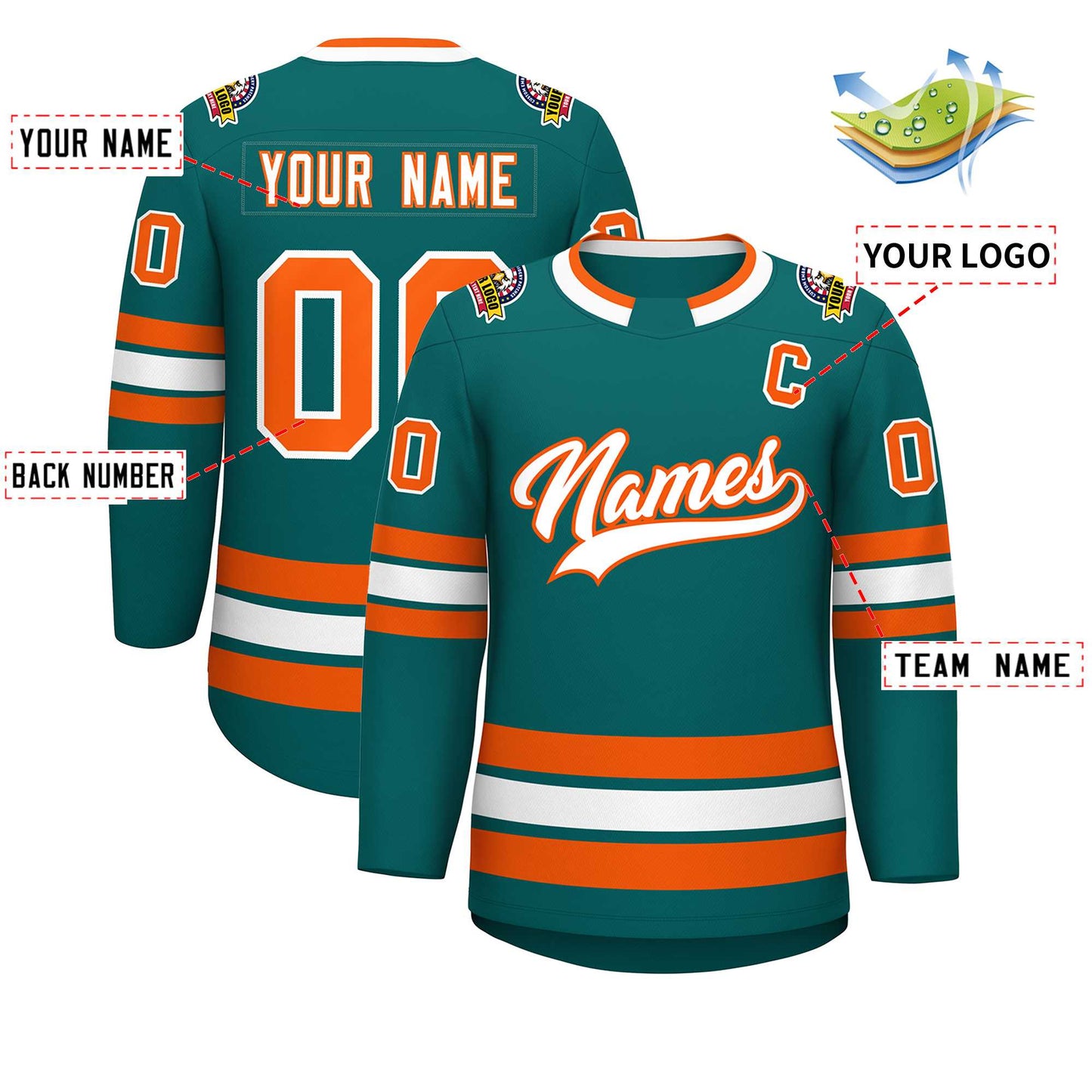 Custom Teal White-Orange Classic Style Hockey Jersey Limited