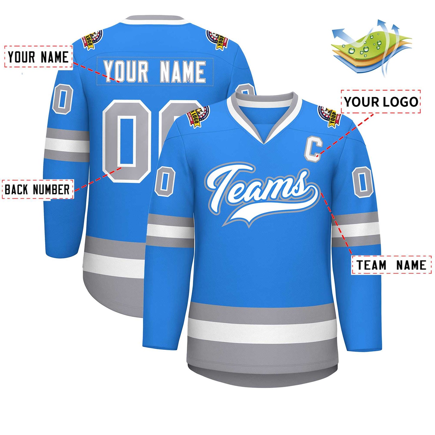 Custom Powder Blue White Powder Blue-Gray Classic Style Hockey Jersey Limited