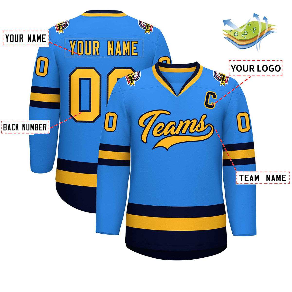 Custom Powder Blue Gold-Navy Classic Style Hockey Jersey Limited