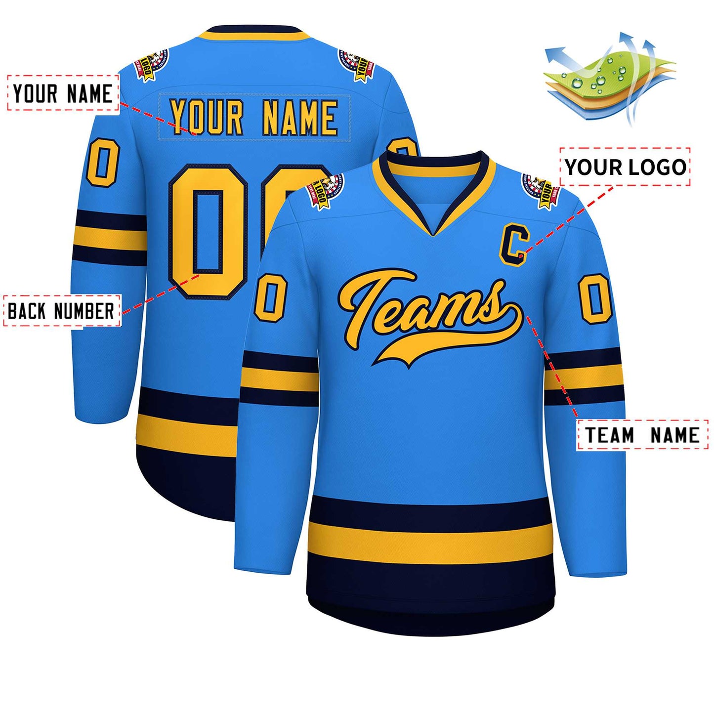Custom Powder Blue Gold-Navy Classic Style Hockey Jersey Limited