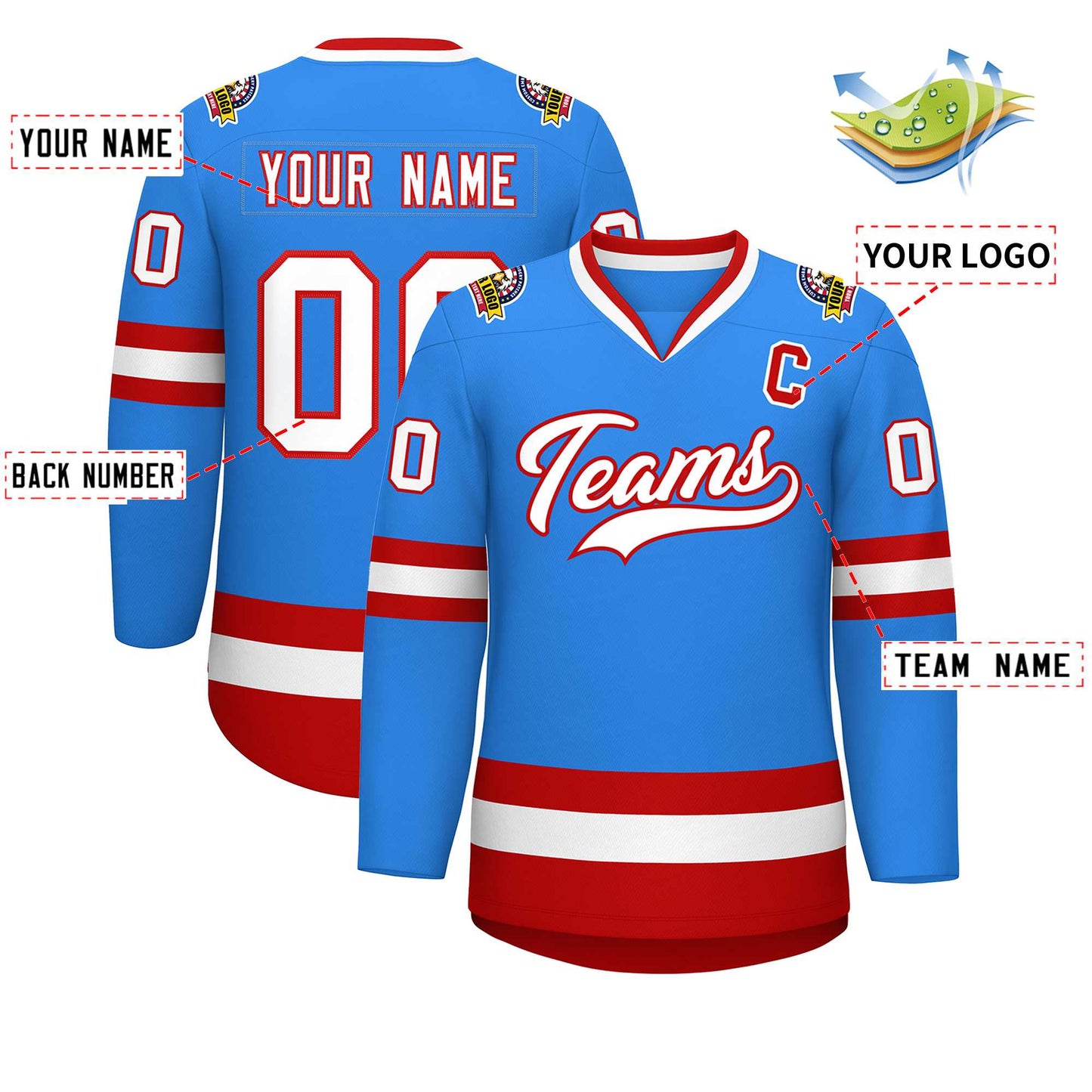 Custom Powder Blue White-Red Classic Style Hockey Jersey Limited