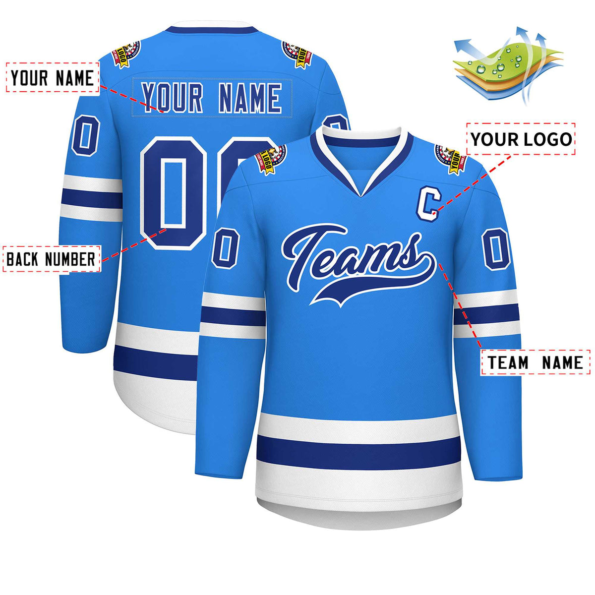 Custom Powder Blue Royal-White Classic Style Hockey Jersey Limited