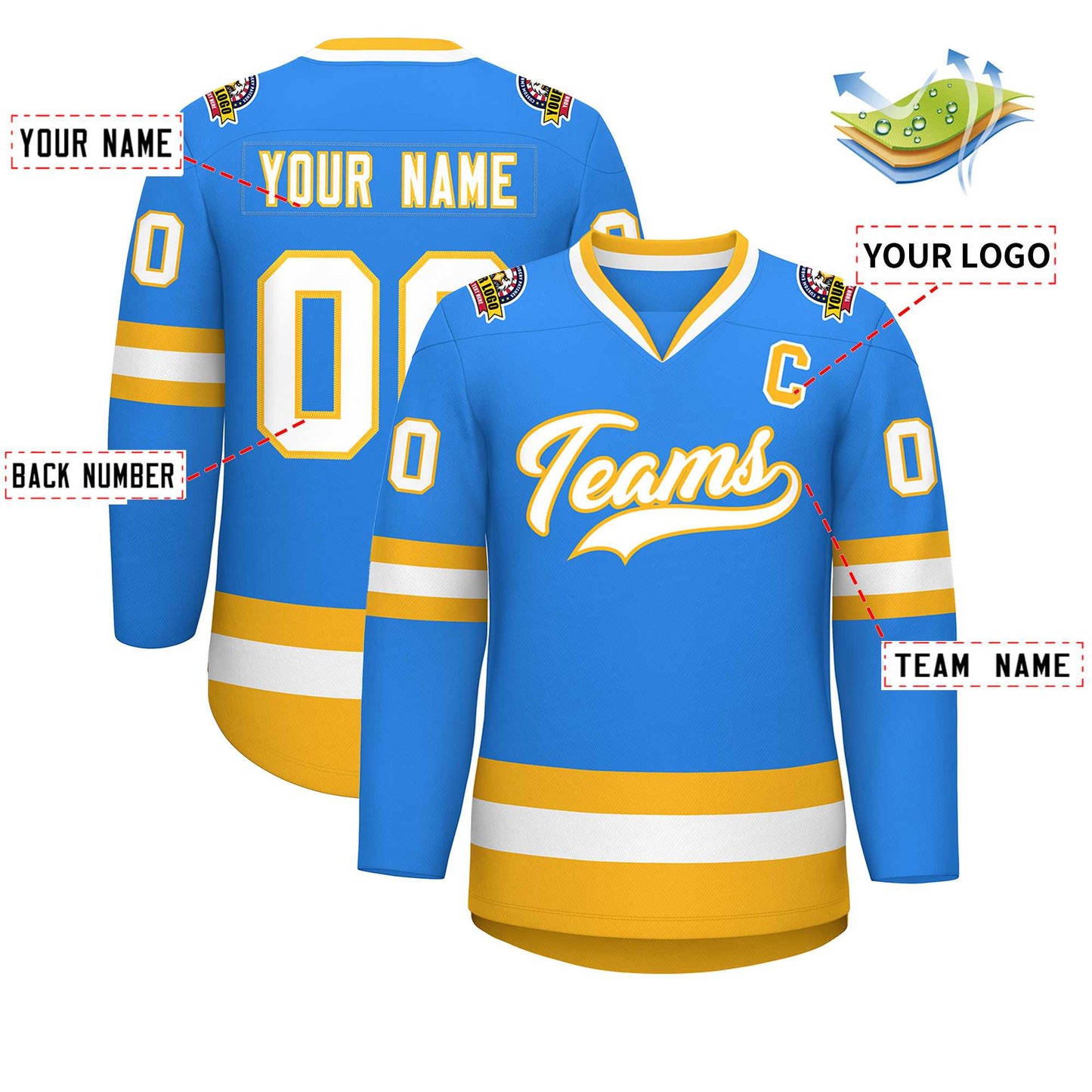 Custom Powder Blue White-Gold Classic Style Hockey Jersey Limited