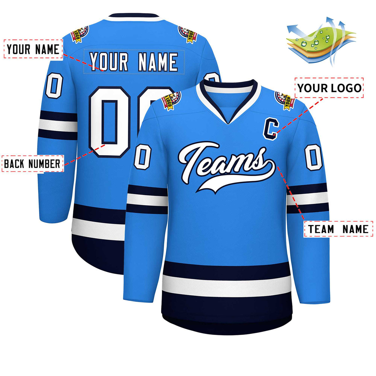 Custom Powder Blue White-Navy Classic Style Hockey Jersey Limited