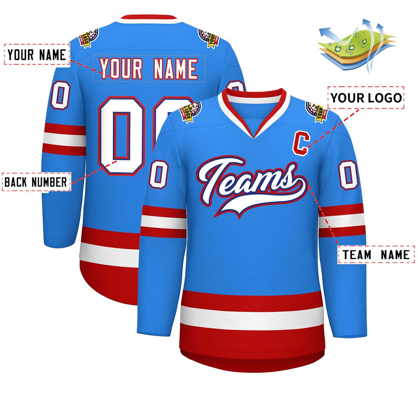 Custom Powder Blue White Royal-Red Classic Style Hockey Jersey Limited