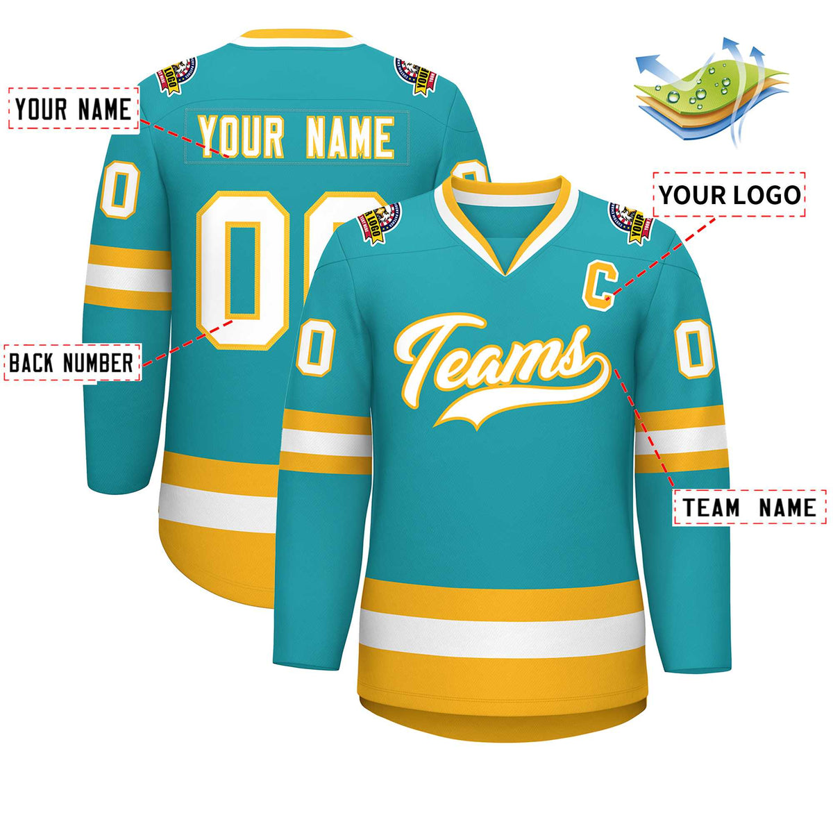 Custom Aqua White-Gold Classic Style Hockey Jersey Limited