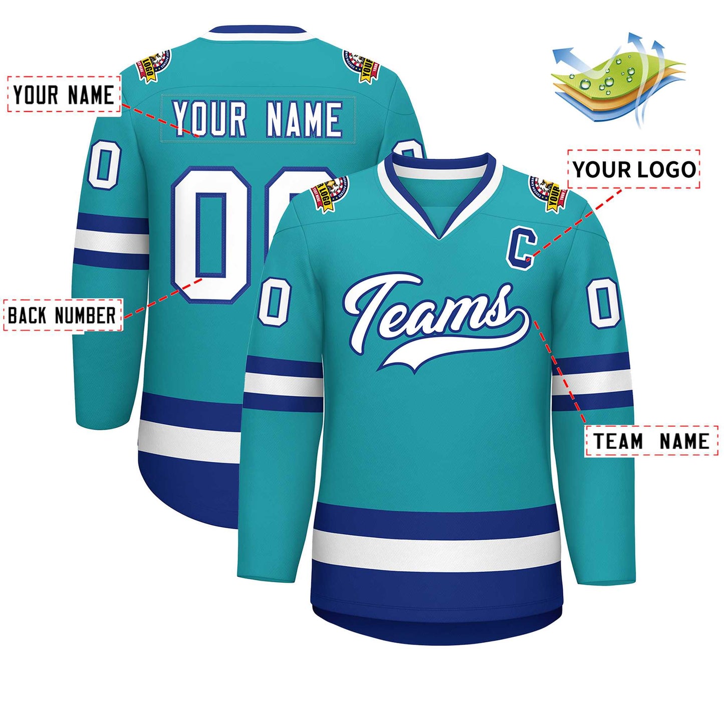 Custom Aqua White-Royal Classic Style Hockey Jersey Limited