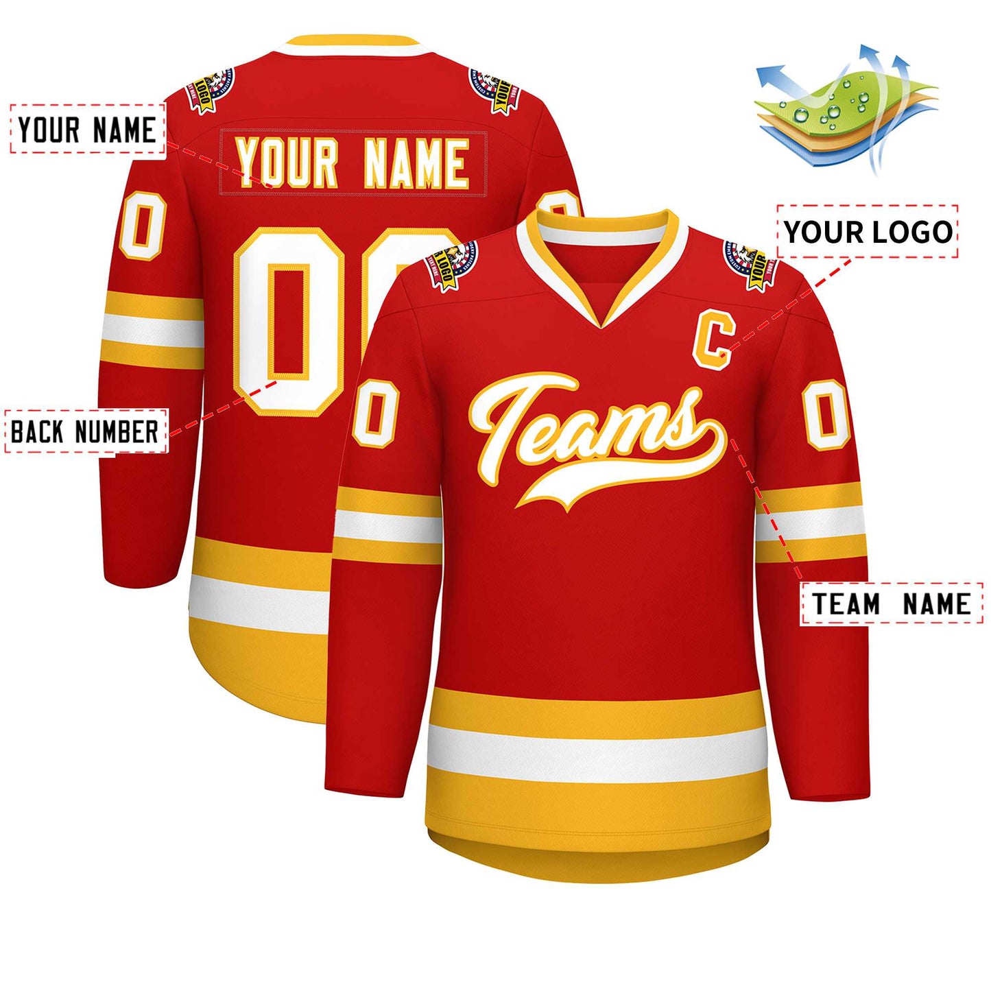 Custom Red White-Gold Classic Style Hockey Jersey Limited