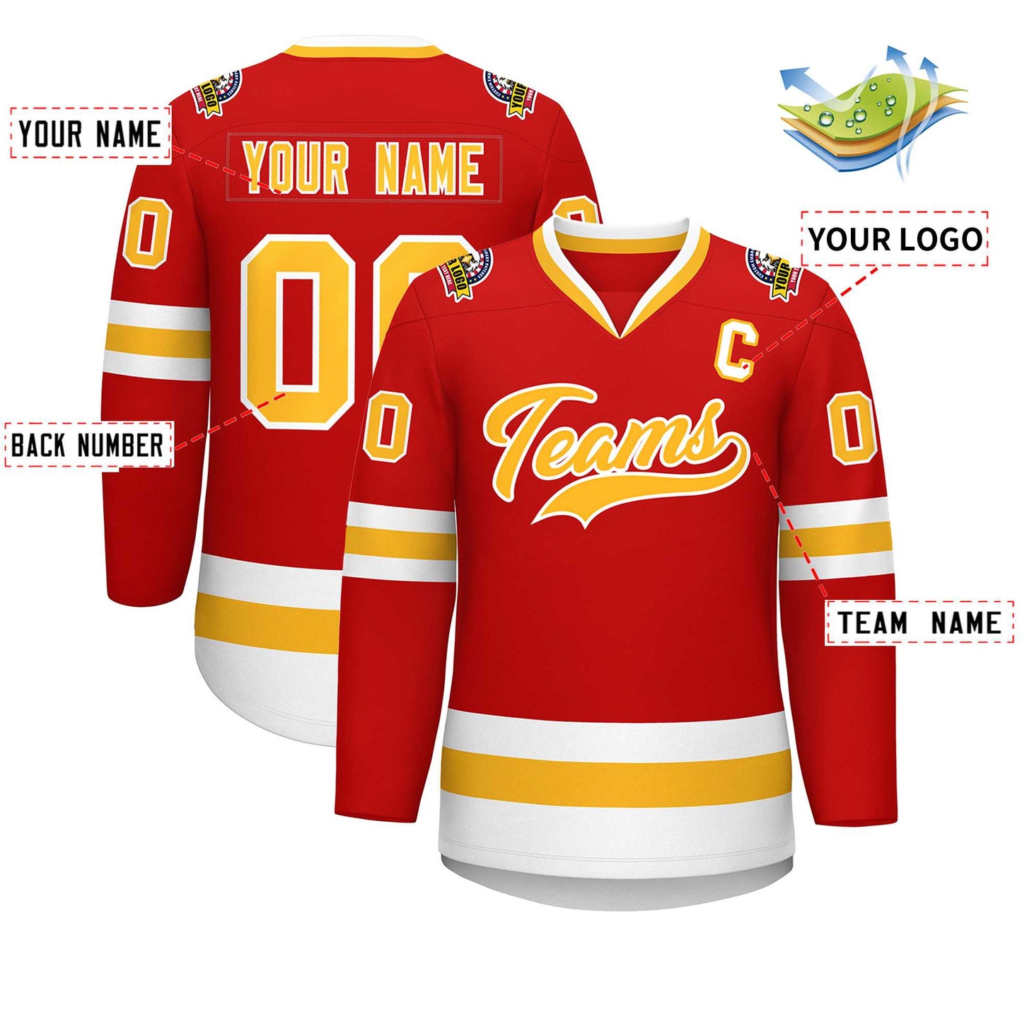 Custom Red Gold-White Classic Style Hockey Jersey Limited