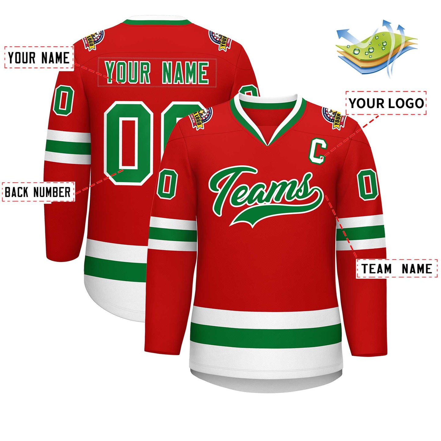Custom Red Kelly Green-White Classic Style Hockey Jersey Limited