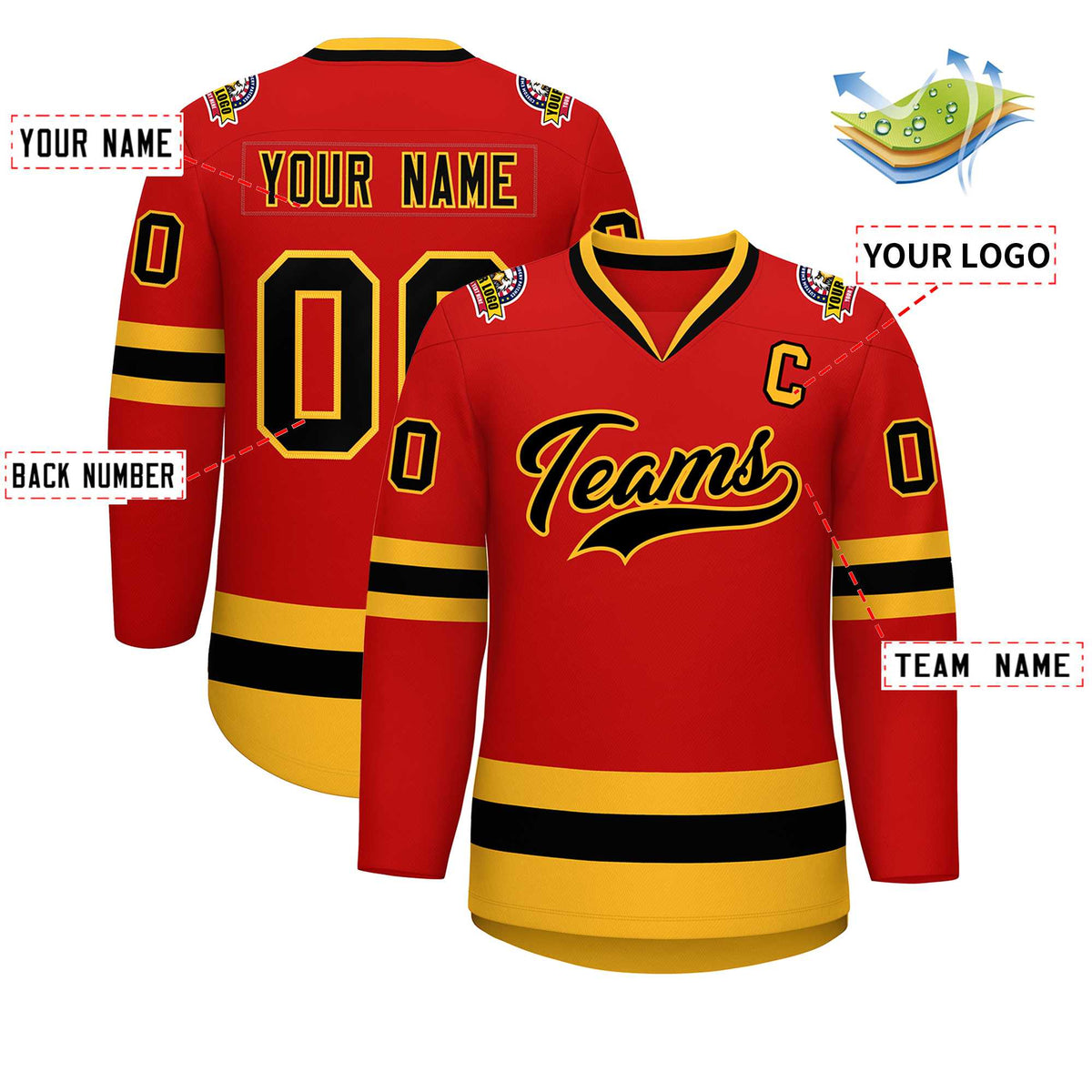 Custom Red Black-Gold Classic Style Hockey Jersey Limited