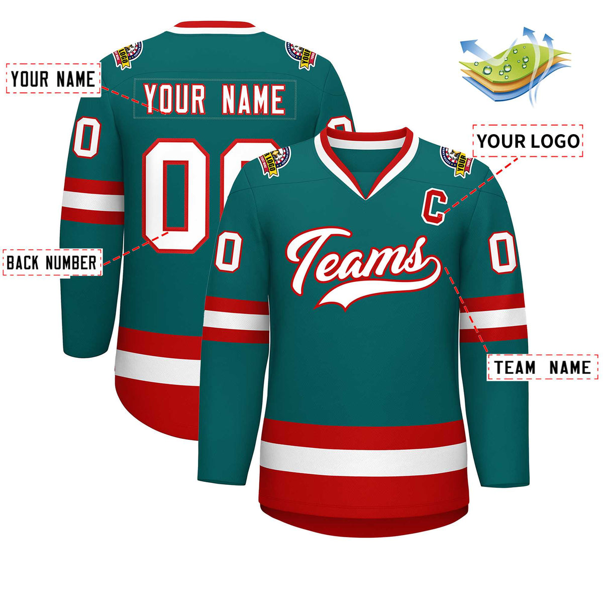 Custom Teal White-Red Classic Style Hockey Jersey Limited
