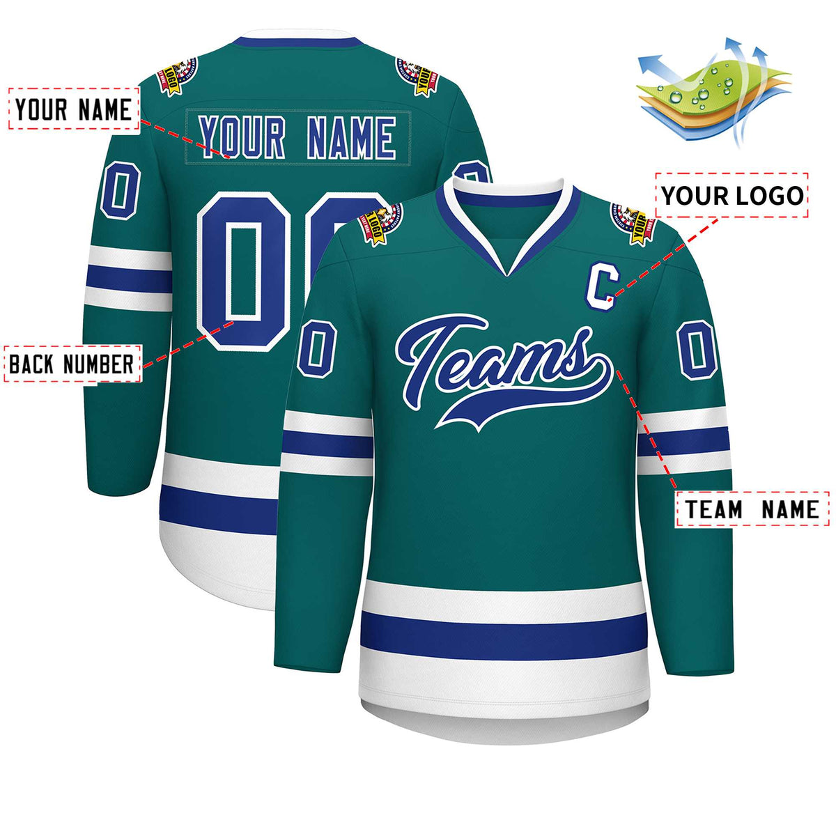 Custom Teal Royal-White Classic Style Hockey Jersey Limited