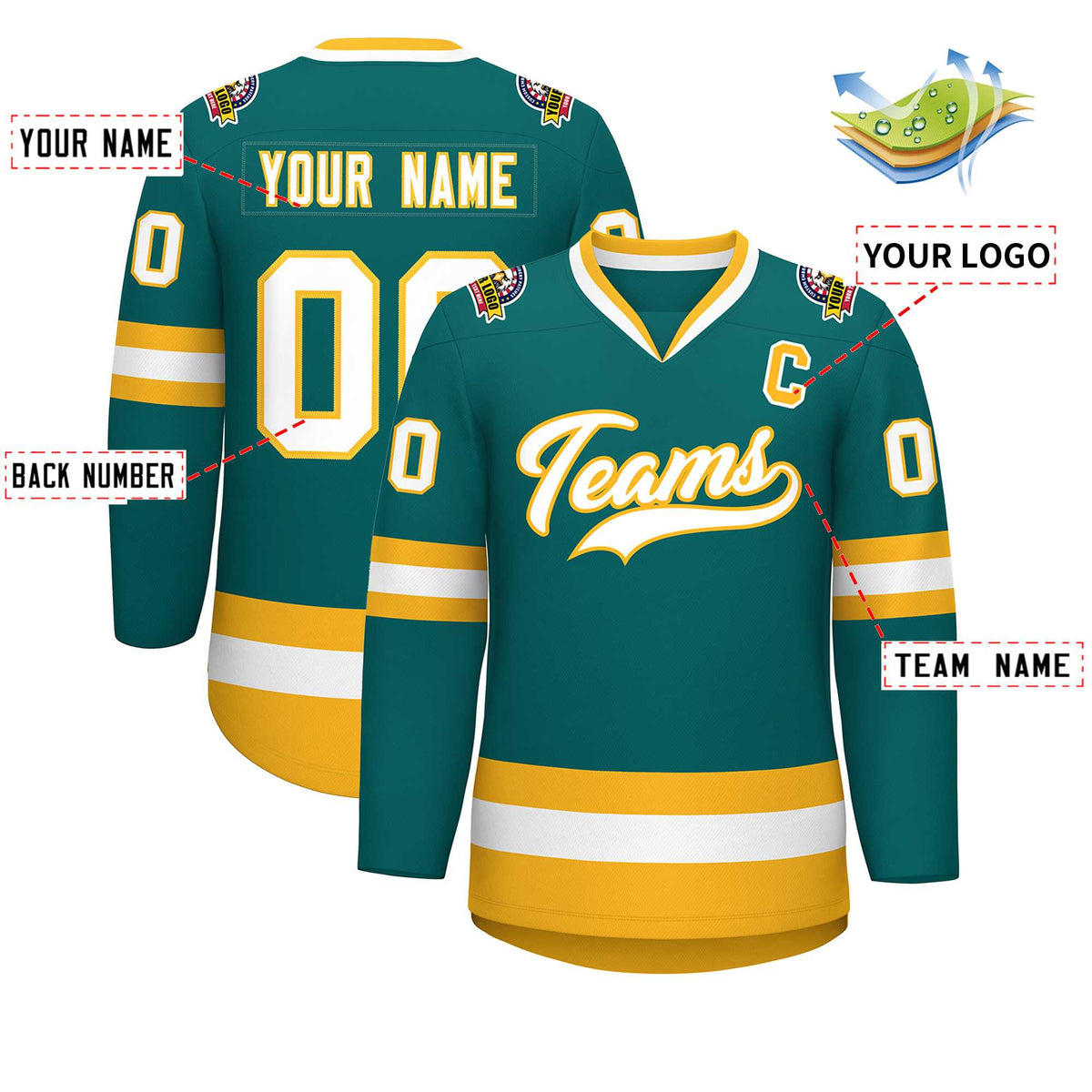 Custom Teal White-Gold Classic Style Hockey Jersey Limited
