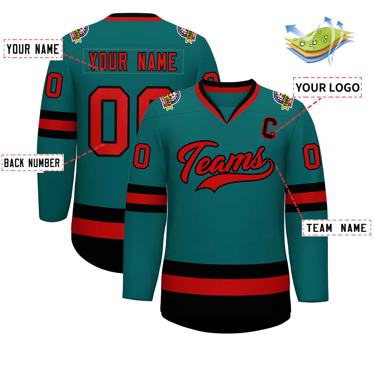 Custom Teal Red-Black Classic Style Hockey Jersey Limited