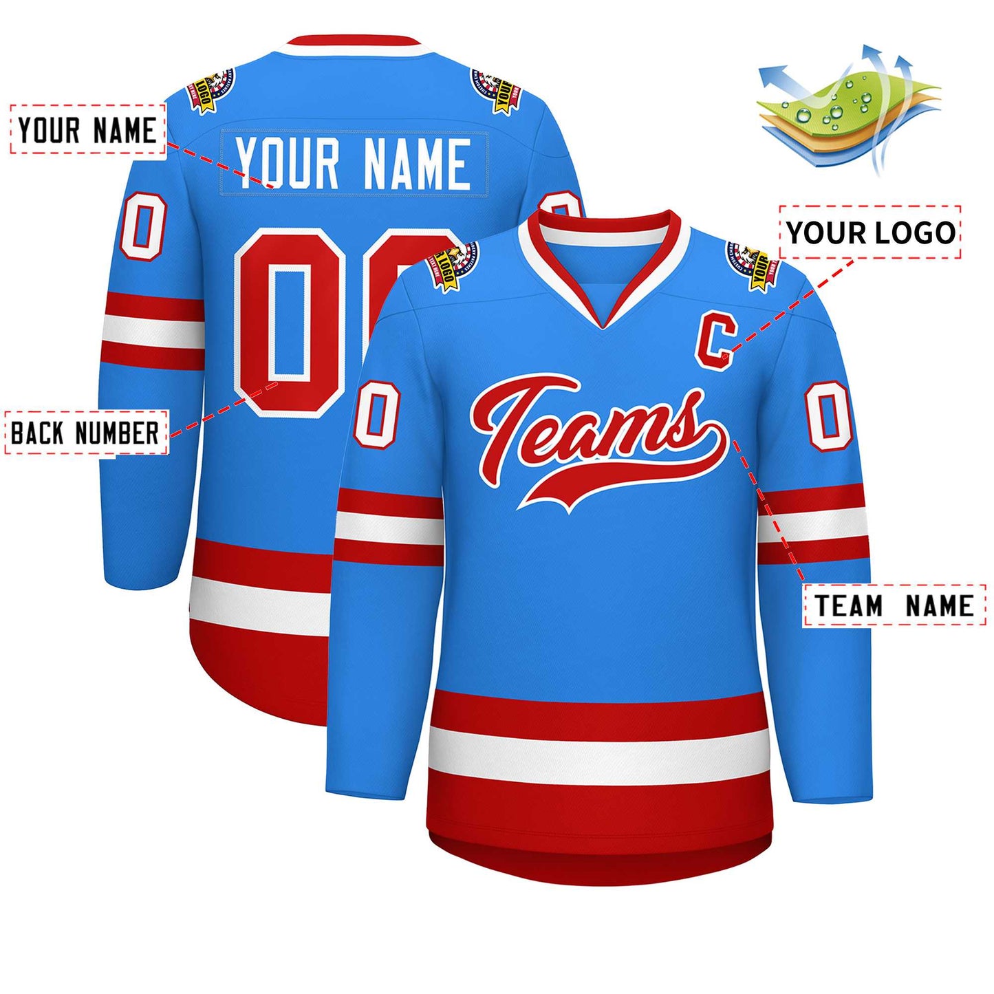 Custom Powder Blue Red-White Classic Style Hockey Jersey Limited