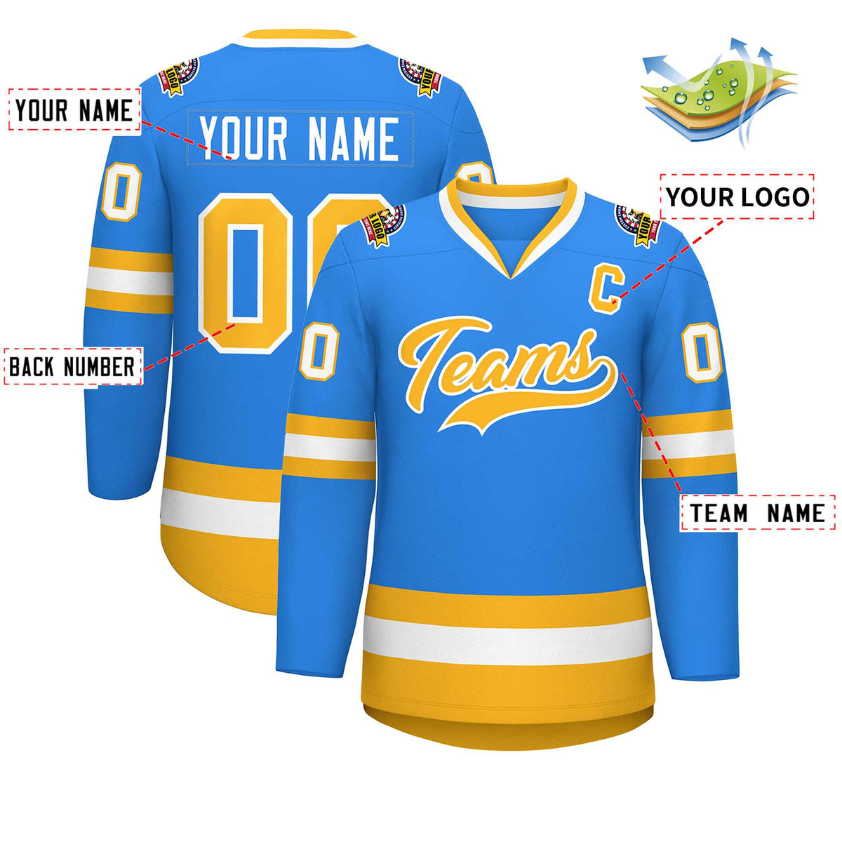 Custom Powder Blue Gold-White Classic Style Hockey Jersey Limited