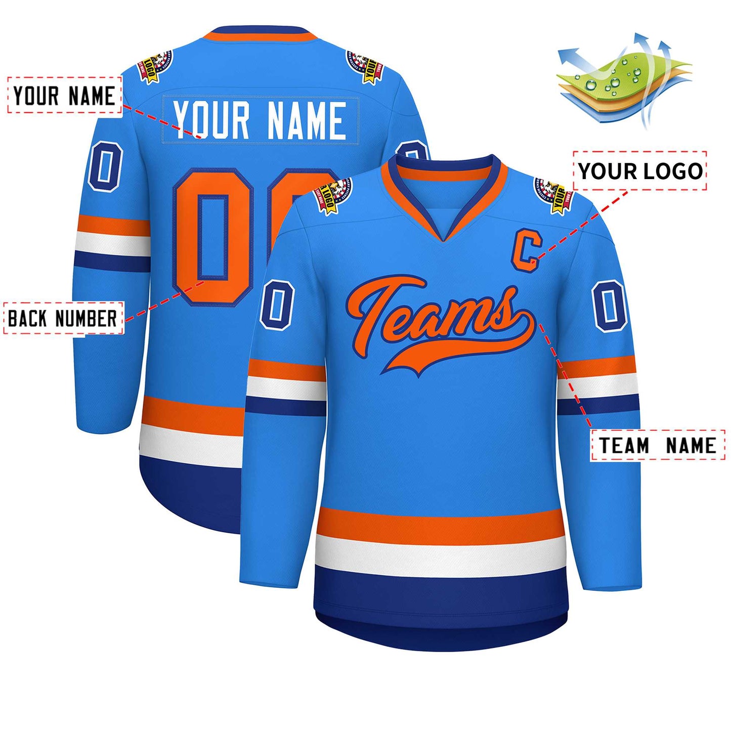 Custom Powder Blue Orange-Royal Classic Style Hockey Jersey Limited