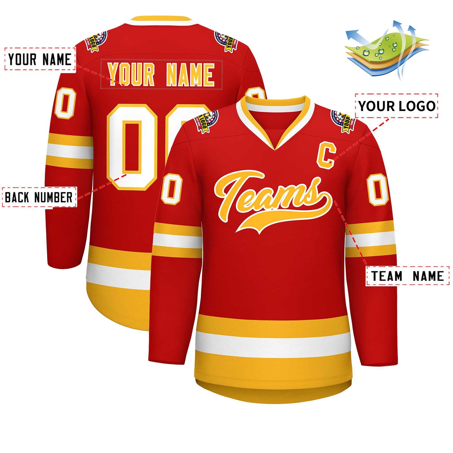 Custom Red Gold-White Classic Style Hockey Jersey Limited