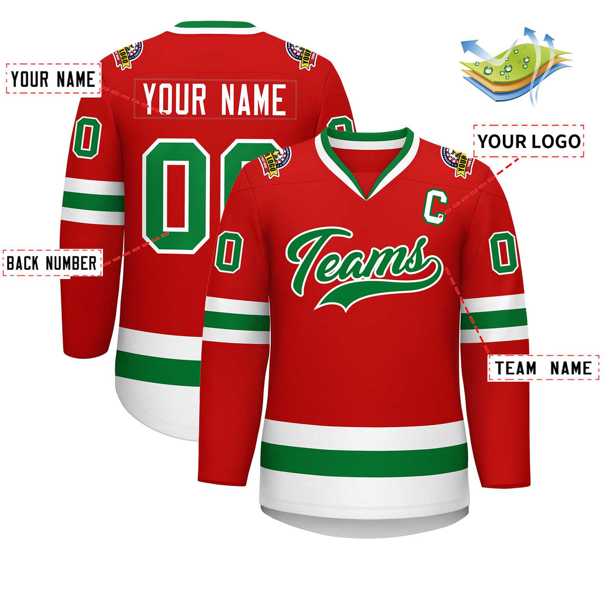 Custom Red Kelly Green-White Classic Style Hockey Jersey Limited