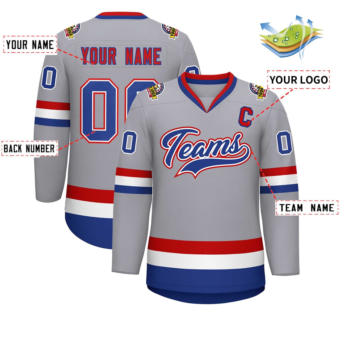 Custom Gray Royal White-Red Classic Style Hockey Jersey Limited