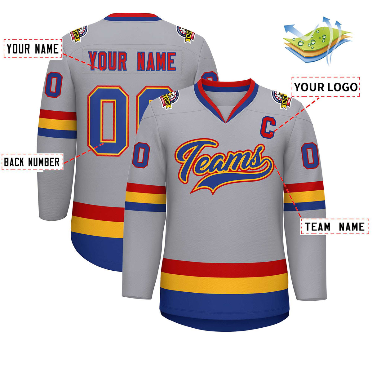 Custom Gray Royal Gold-Red Classic Style Hockey Jersey Limited