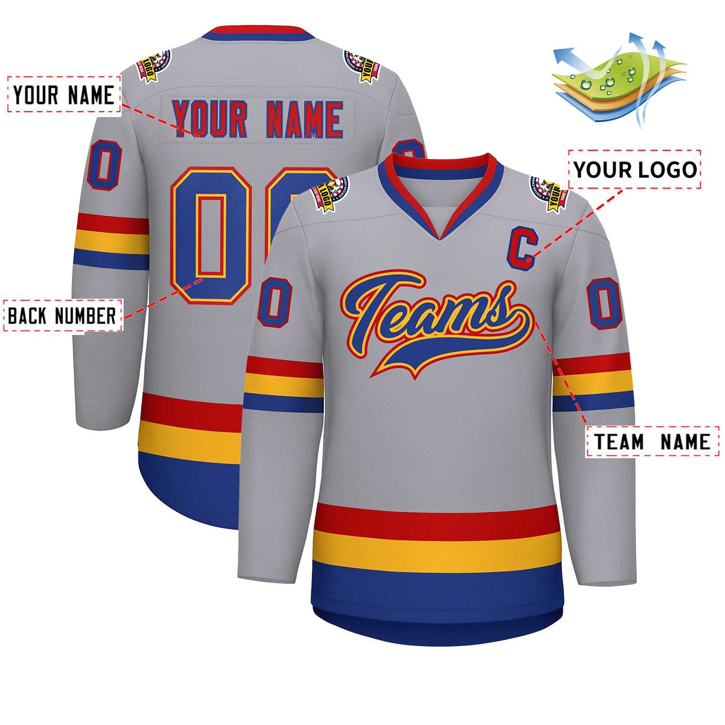 Custom Gray Royal Gold-Red Classic Style Hockey Jersey Limited