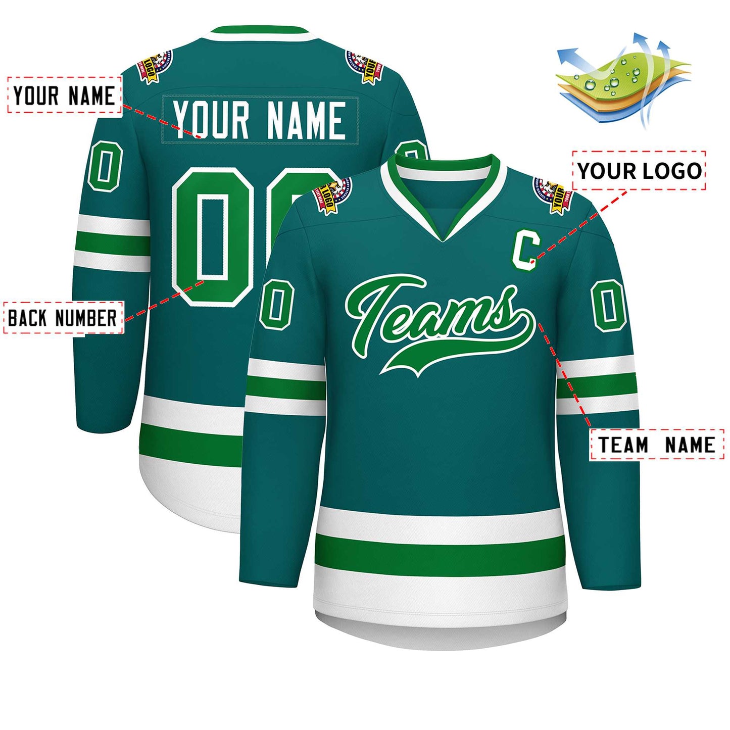 Custom Teal Kelly Green-White Classic Style Hockey Jersey Limited