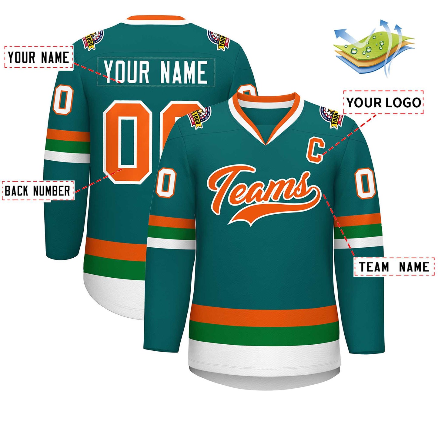 Custom Teal Orange-White Classic Style Hockey Jersey Limited