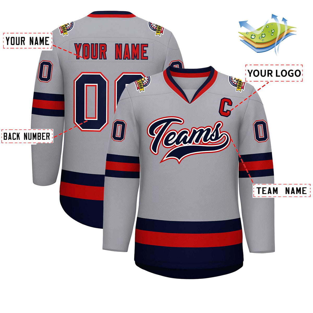 Custom Gray Navy White-Red Classic Style Hockey Jersey Limited