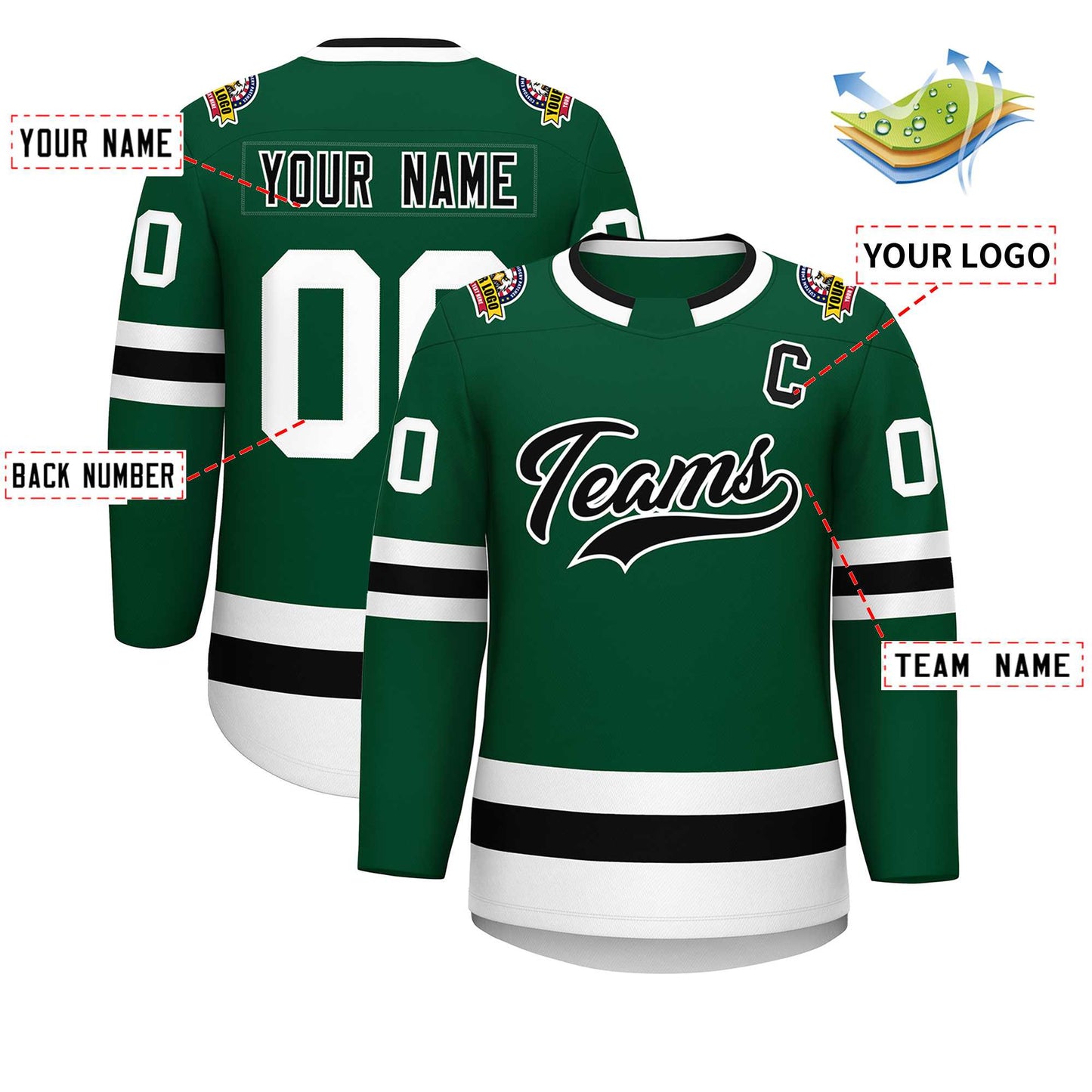 Custom Green Black-White Classic Style Hockey Jersey Limited