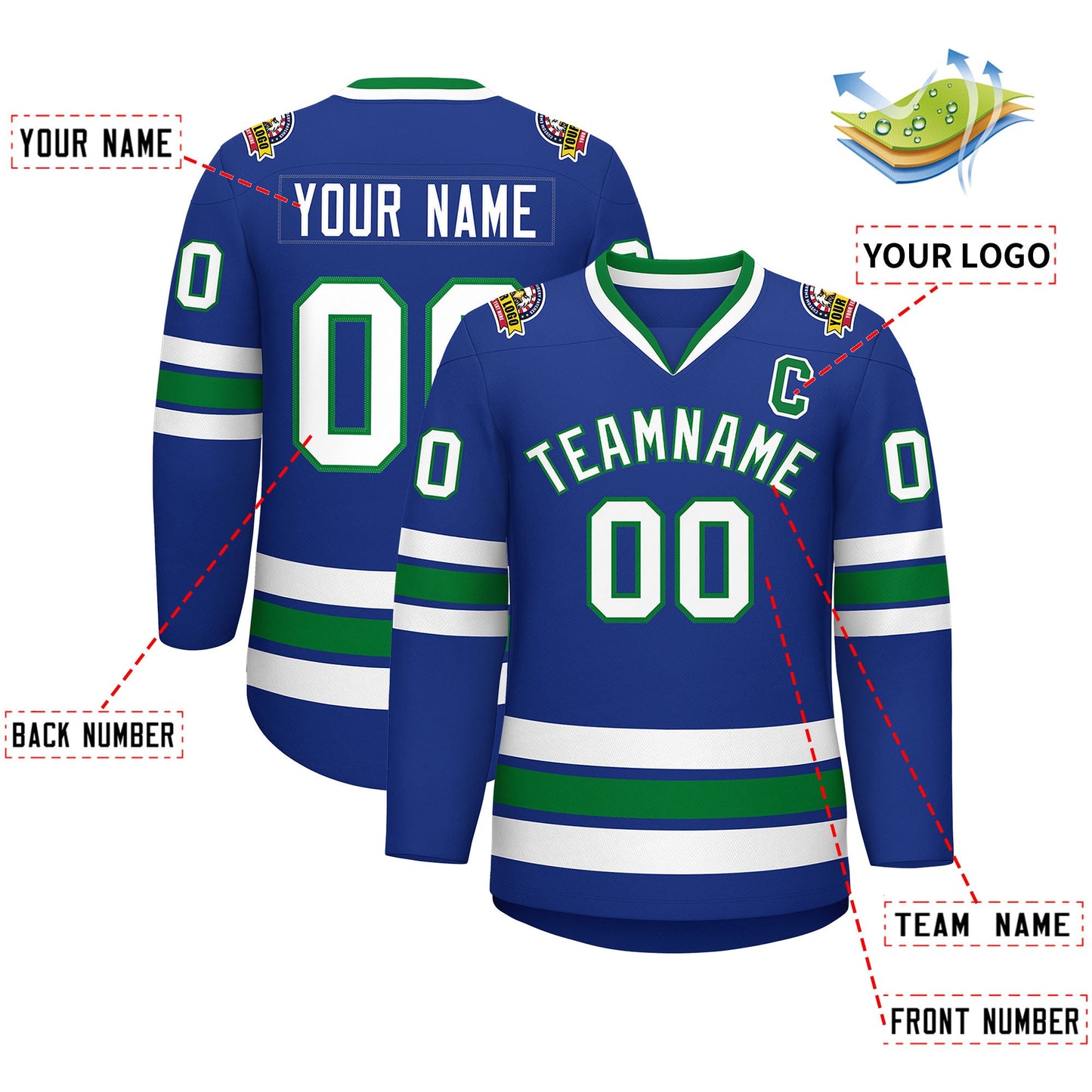 Custom Royal White-Kelly Green Classic Style Hockey Jersey Limited
