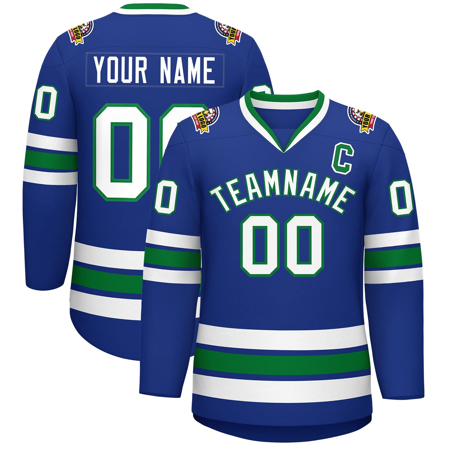 Custom Royal White-Kelly Green Classic Style Hockey Jersey