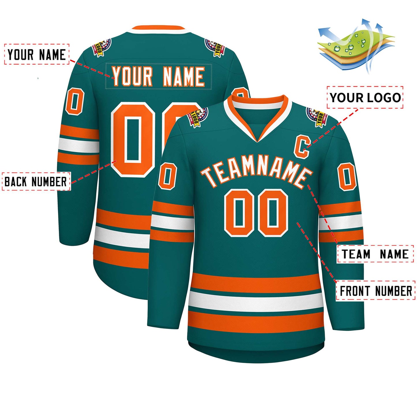 Custom Teal White-Orange Classic Style Hockey Jersey Limited
