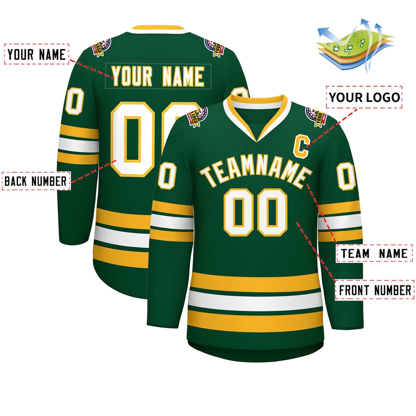 Custom Green White-Gold Classic Style Hockey Jersey Limited