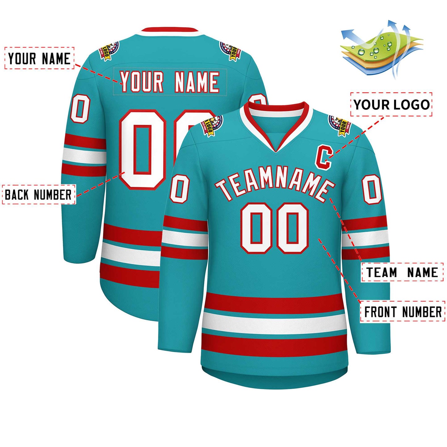 Custom Aqua White-Red Classic Style Hockey Jersey Limited
